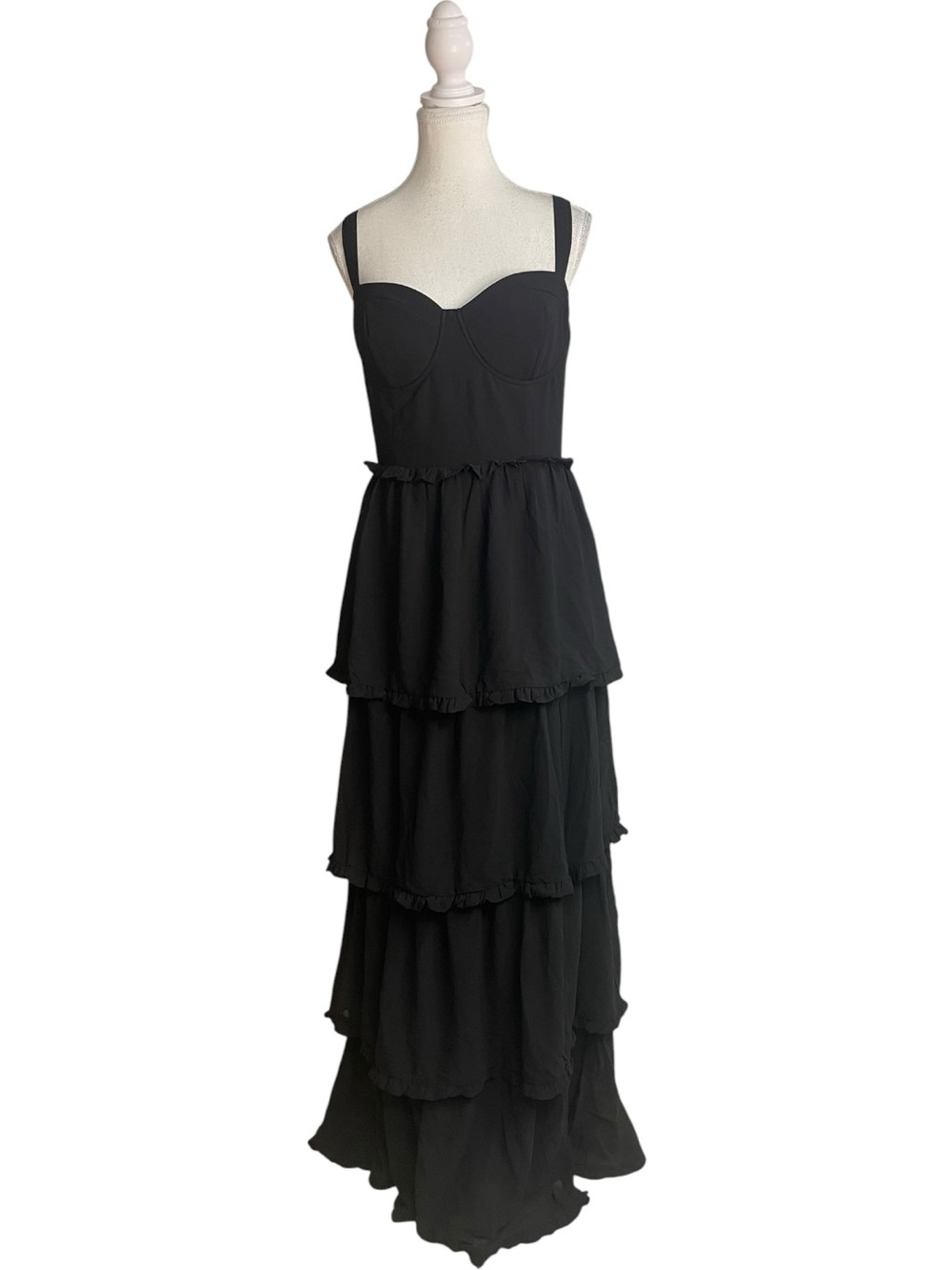 Lulus Sophisticated Occasion Sweetheart Bustier Tiered Maxi Dress Black